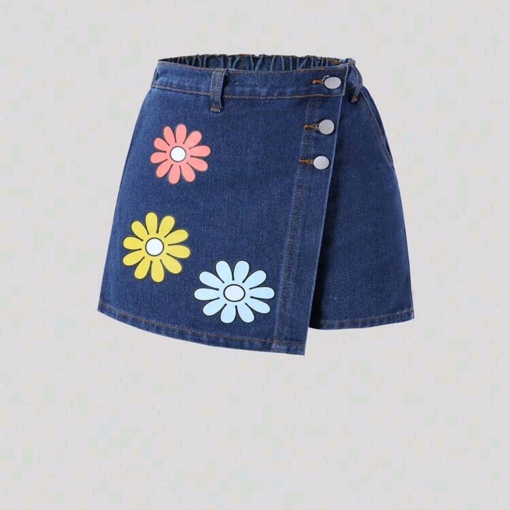 SHEIN Blue Jean Shorts with Floral Design
